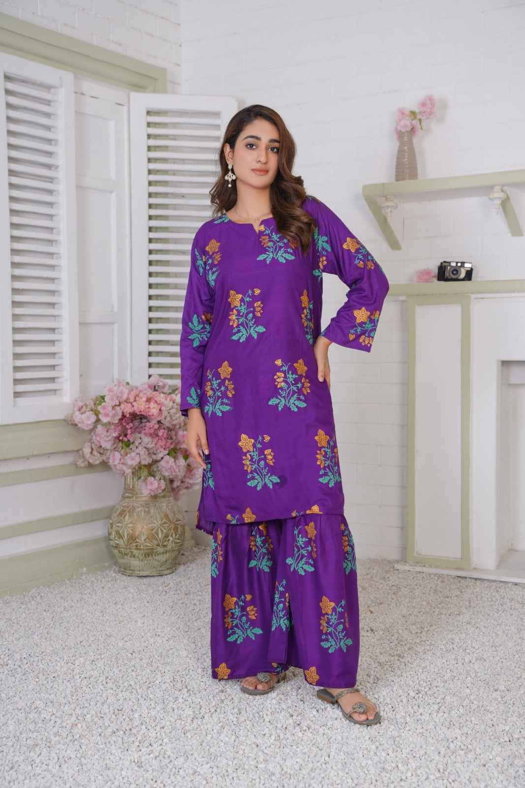 Floral Shirt with Sharara - Stitched 2 pc - Sunflare.pk