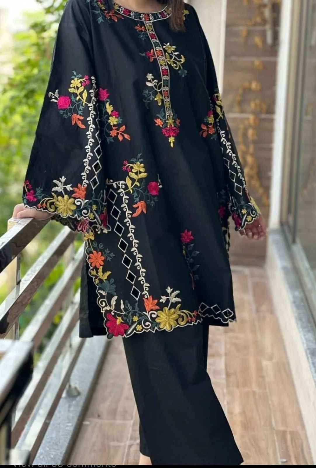 Cut Work Khadi Net- Stitched 2 pc - Sunflare.pk