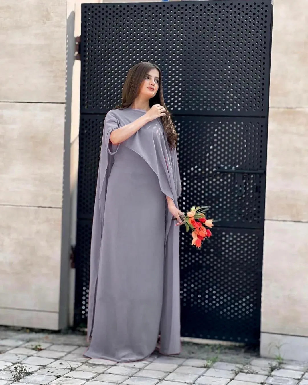 Cape Maxi – Elegant Chiffon Long Dress - view 10 | Sunflare.pk
