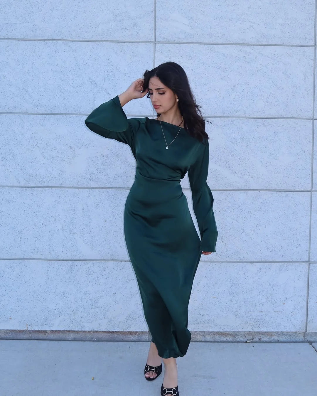 Elegant Korean Silk Maxi Dress with Back Dori - view 2 | Sunflare.pk