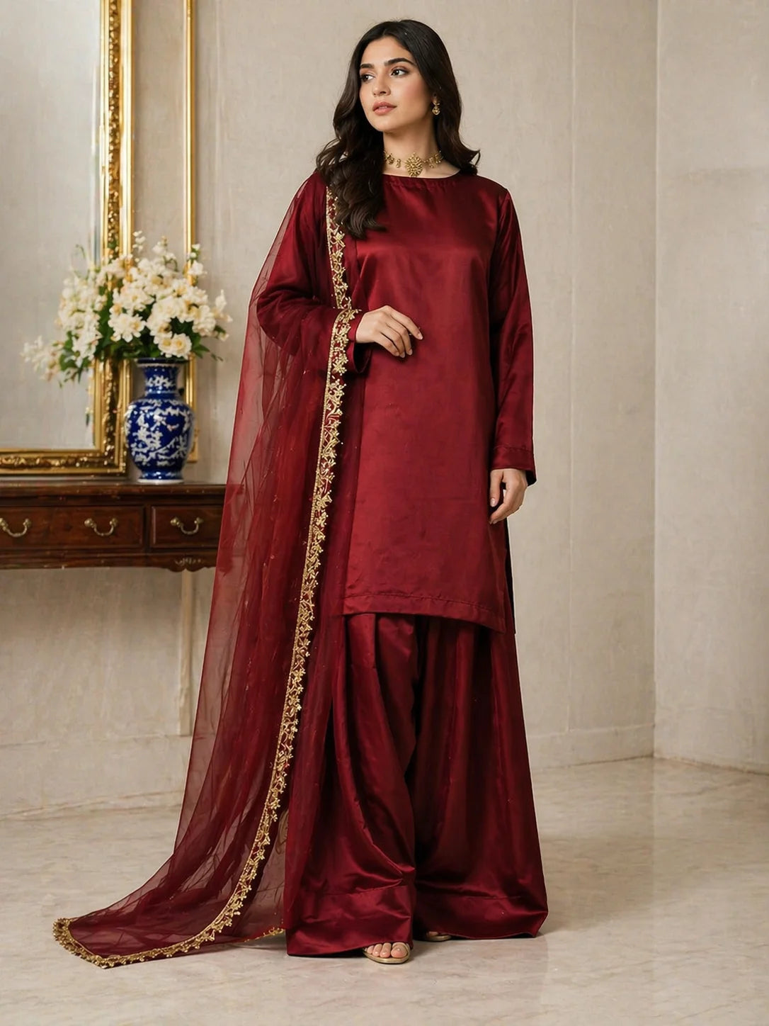 Russian Silk Farshi Shalwar Set with Organza Dupatta – 3PC Ready to Wear
