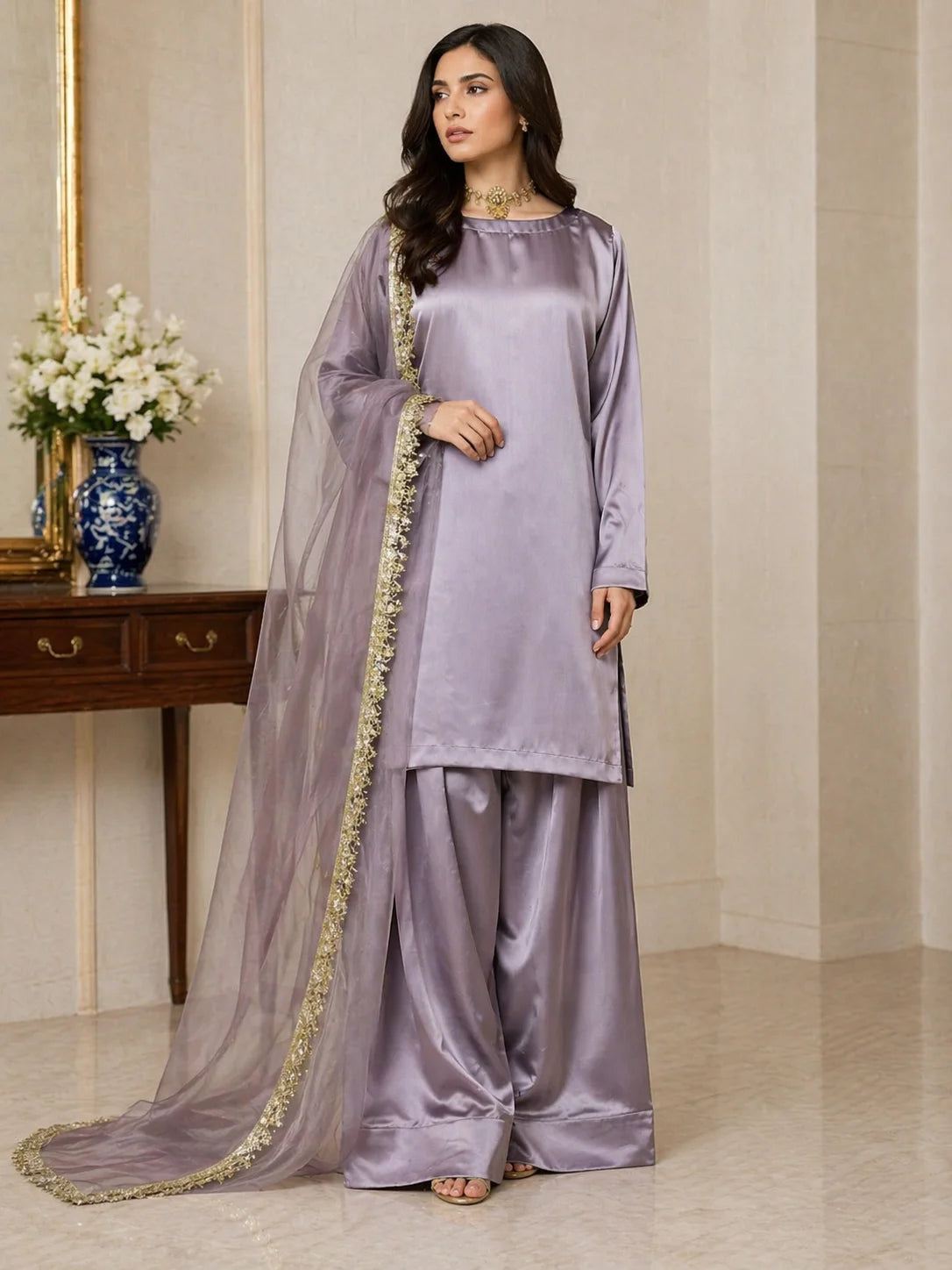 Russian Silk Farshi Shalwar Set with Organza Dupatta – 3PC Ready to Wear