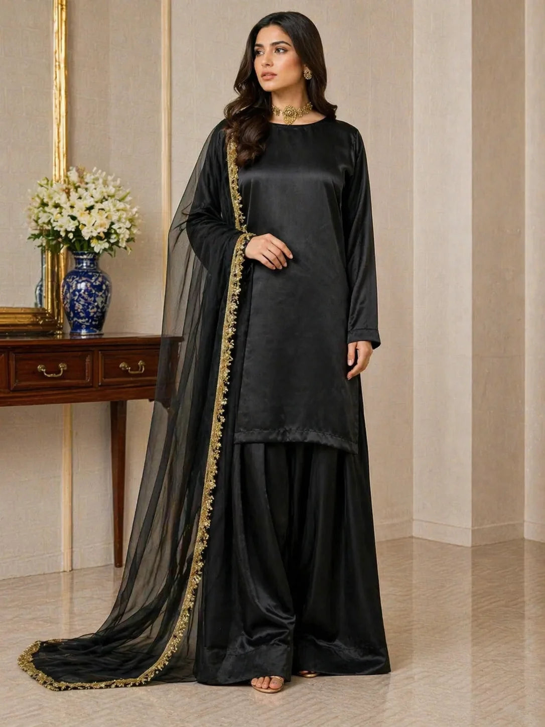 Russian Silk Farshi Shalwar Set with Organza Dupatta – 3PC Ready to Wear