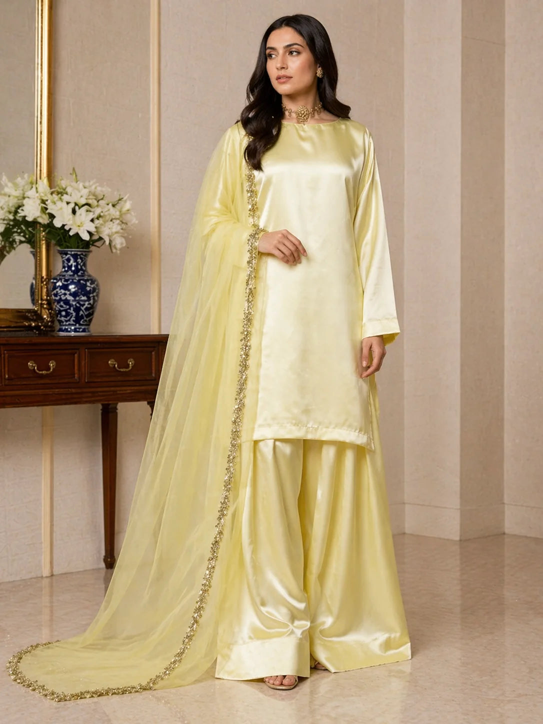 Russian Silk Farshi Shalwar Set with Organza Dupatta – 3PC Ready to Wear