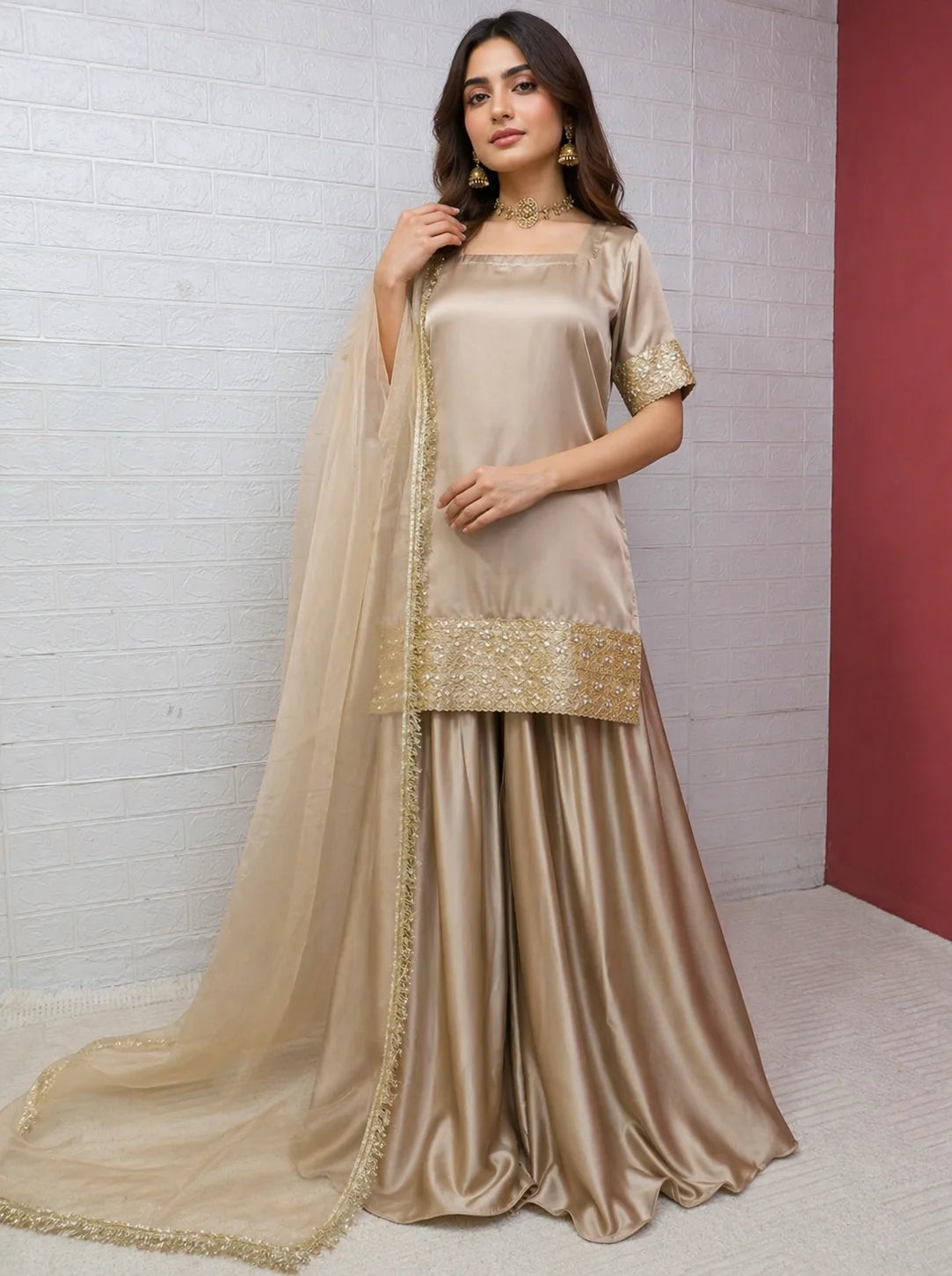 Elegant Russian Silk 3PC Plazo Set with Kundan Lace & Organza Dupatta