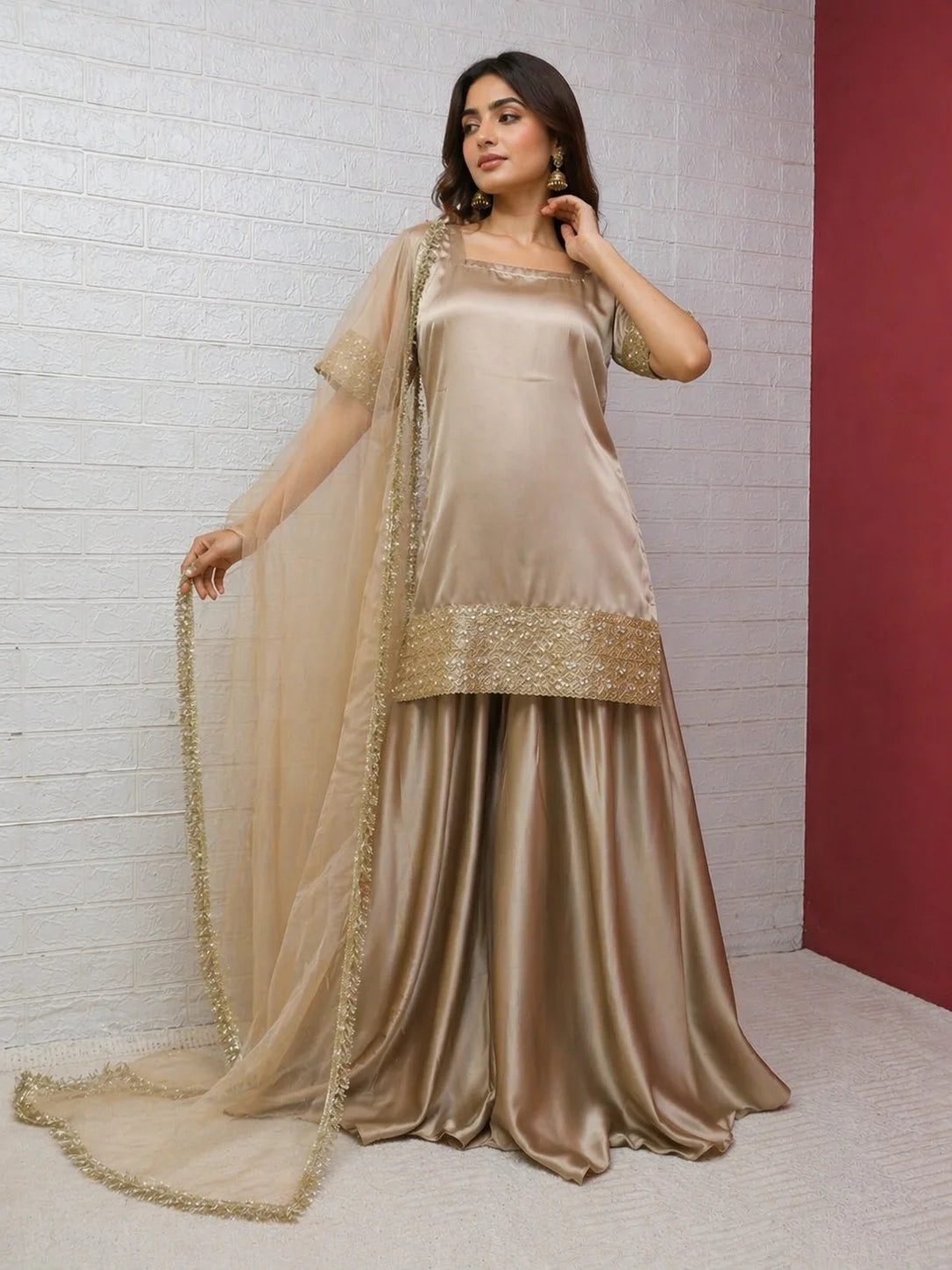 Elegant Russian Silk 3PC Plazo Set with Kundan Lace & Organza Dupatta