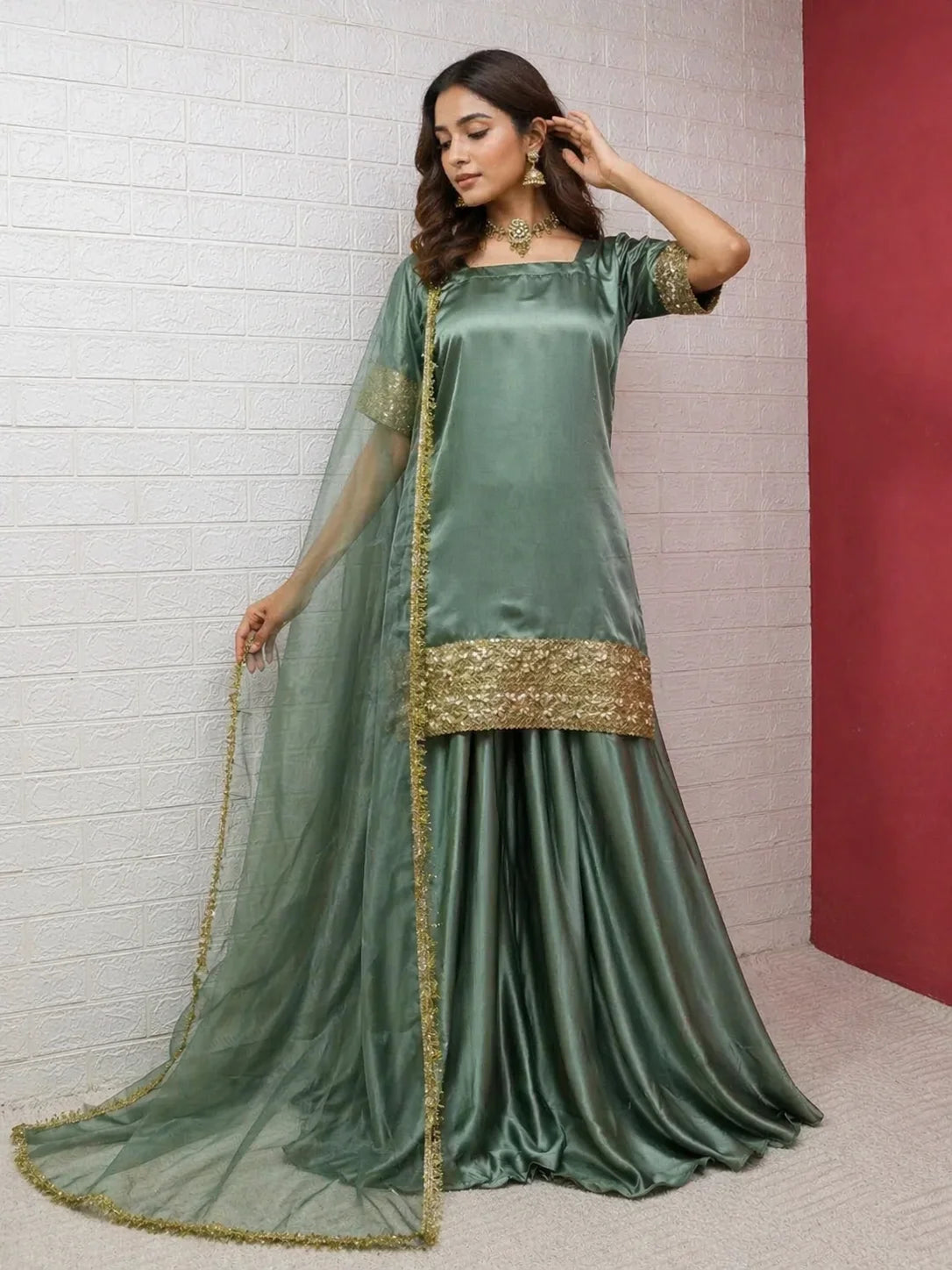 Elegant Russian Silk 3PC Plazo Set with Kundan Lace & Organza Dupatta