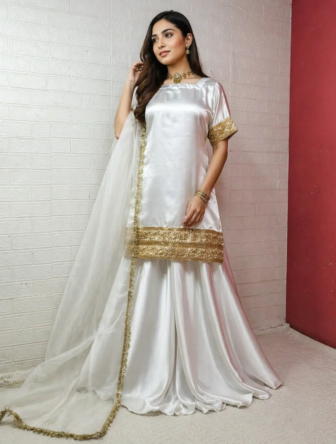 Elegant Russian Silk 3PC Plazo Set with Kundan Lace & Organza Dupatta