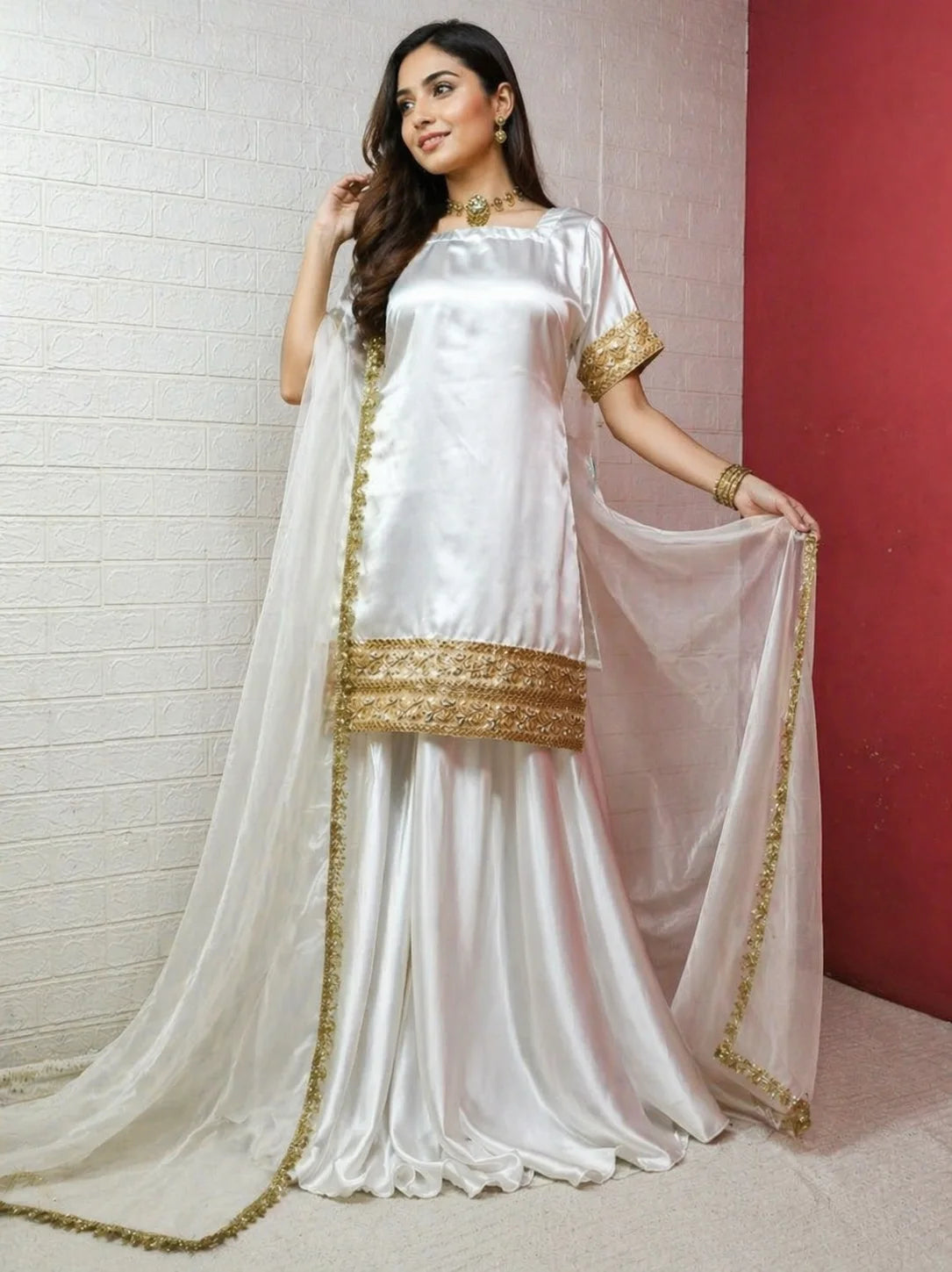 Elegant Russian Silk 3PC Plazo Set with Kundan Lace & Organza Dupatta