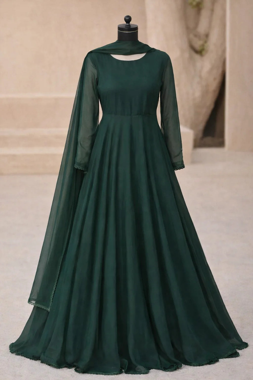 Emerald Green Chiffon Maxi Frock 3PC Set with Chiffon Dupatta