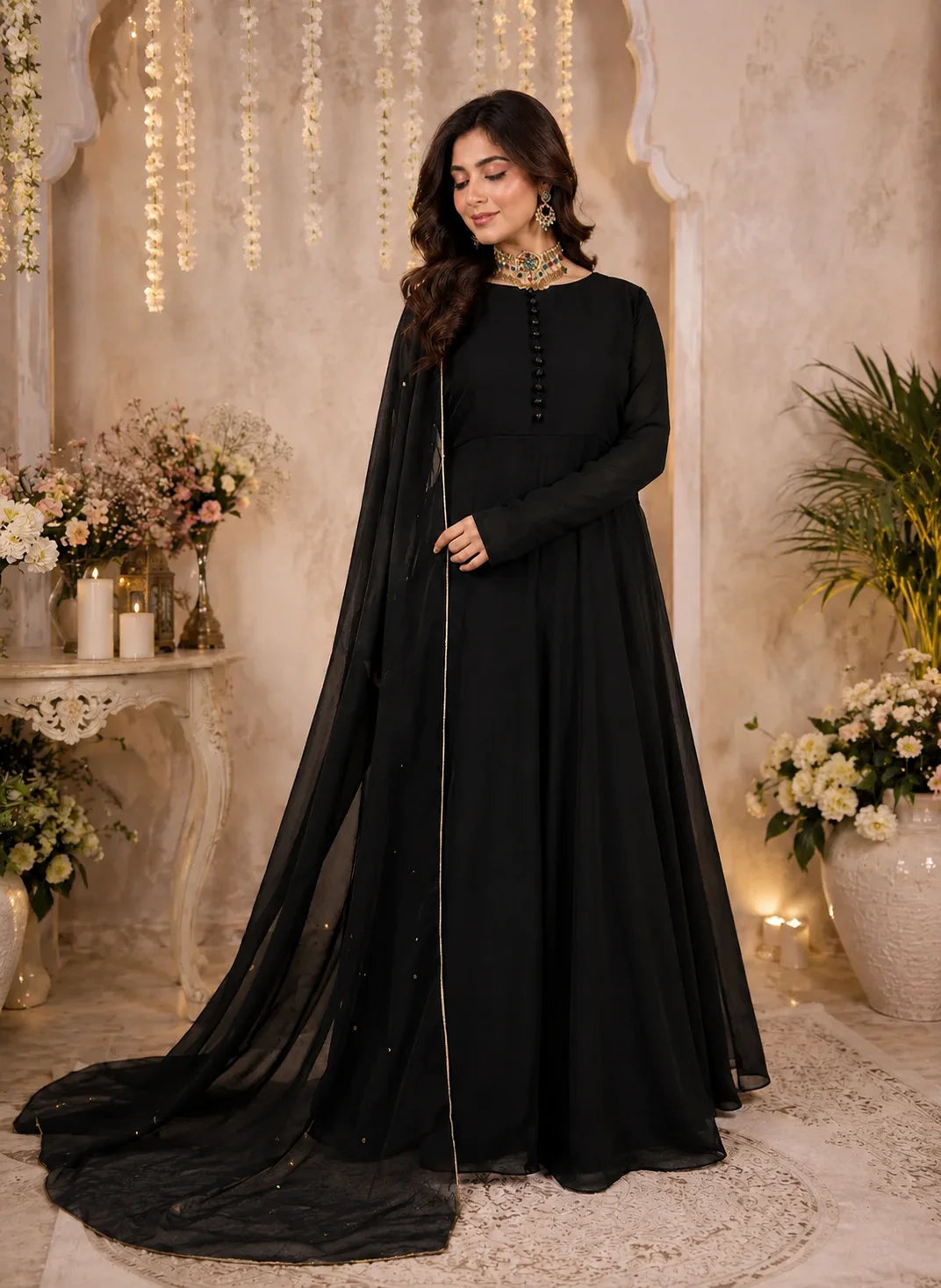 Crinkle Chiffon Button-Style Maxi with Sitara Dupatta – 2PC