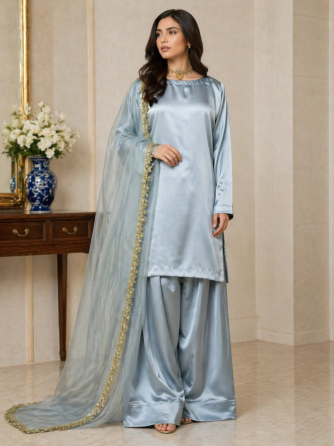 Russian Silk Farshi Shalwar Set with Organza Dupatta – 3PC Ready to Wear
