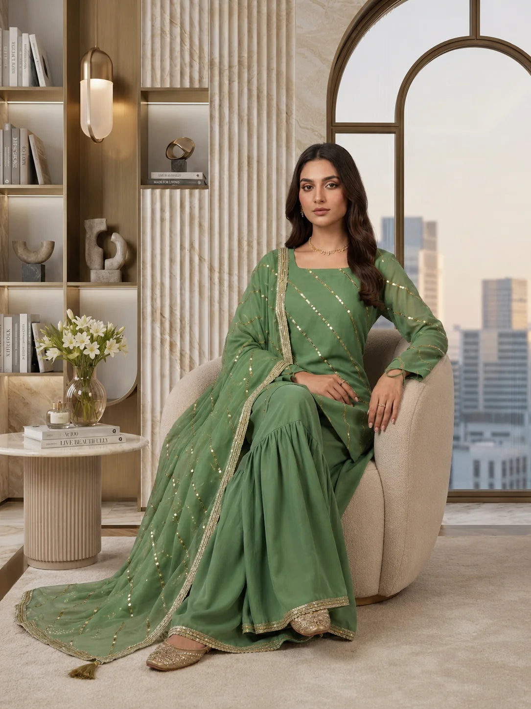 Crinkle Chiffon Embroidered Gharara Set – 3PC