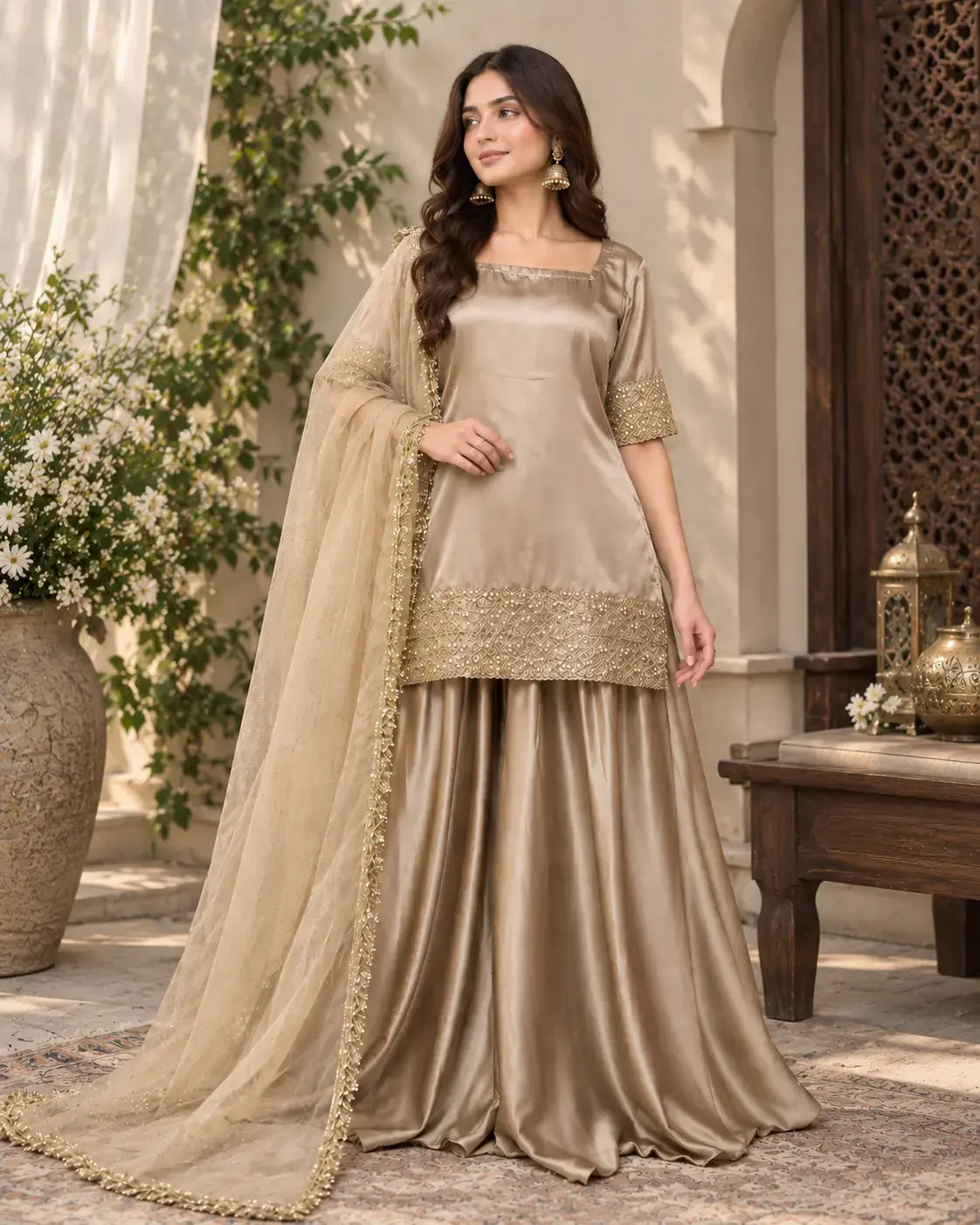 Elegant Russian Silk 3PC Plazo Set with Kundan Lace & Organza Dupatta - view 4 | Sunflare.pk