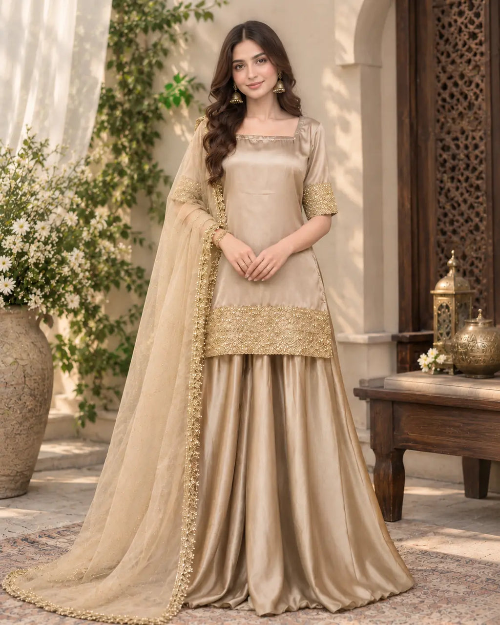 Elegant Russian Silk 3PC Plazo Set with Kundan Lace & Organza Dupatta - view 1 | Sunflare.pk