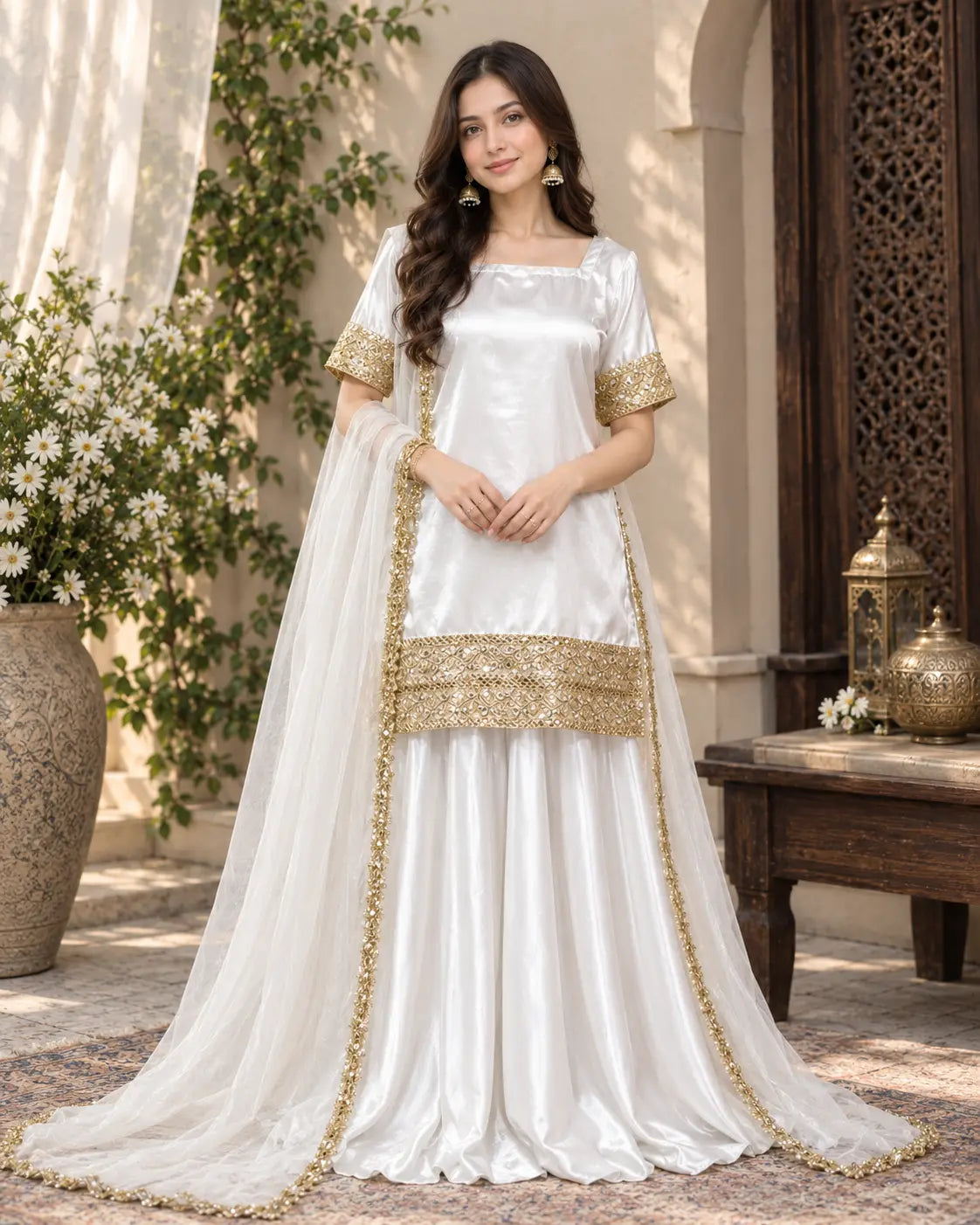 Elegant Russian Silk 3PC Plazo Set with Kundan Lace & Organza Dupatta - view 3 | Sunflare.pk