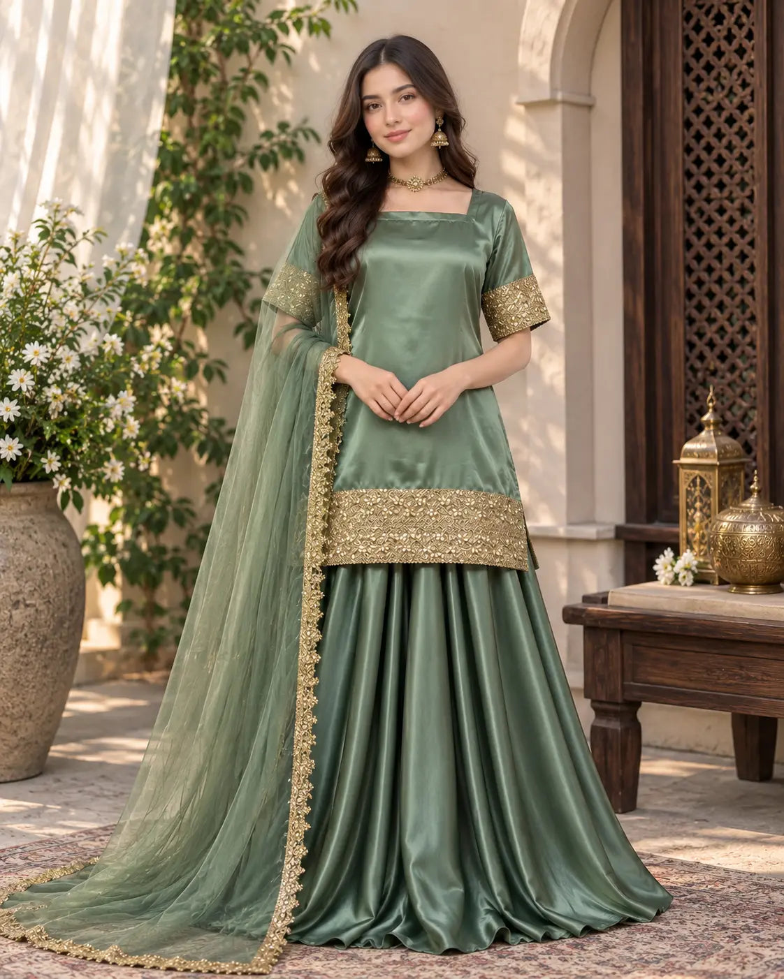 Elegant Russian Silk 3PC Plazo Set with Kundan Lace & Organza Dupatta - view 2 | Sunflare.pk