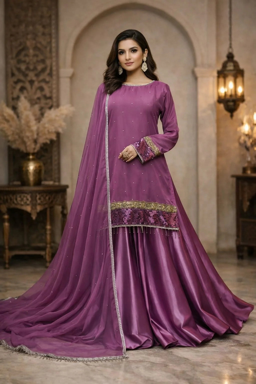 Lavender Crinkle Chiffon Sharara with Heavy Dupatta - 3pc