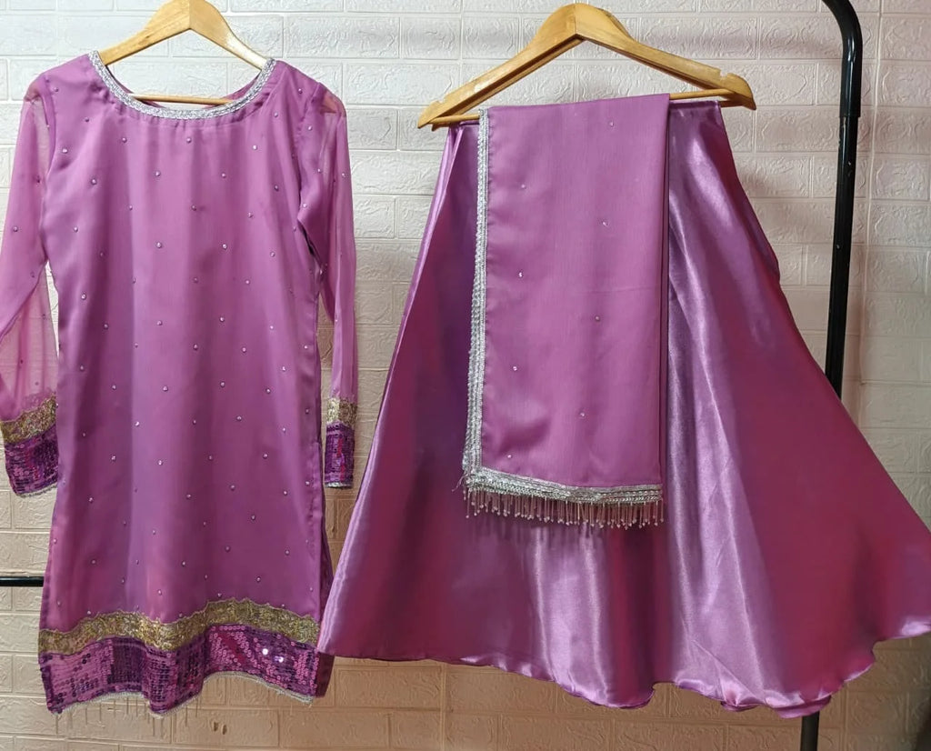 Lavender Crinkle Chiffon Sharara with Heavy Dupatta - 3pc