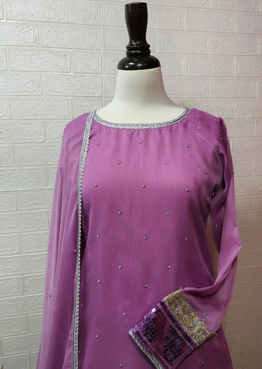 Lavender Crinkle Chiffon Sharara with Heavy Dupatta - 3pc