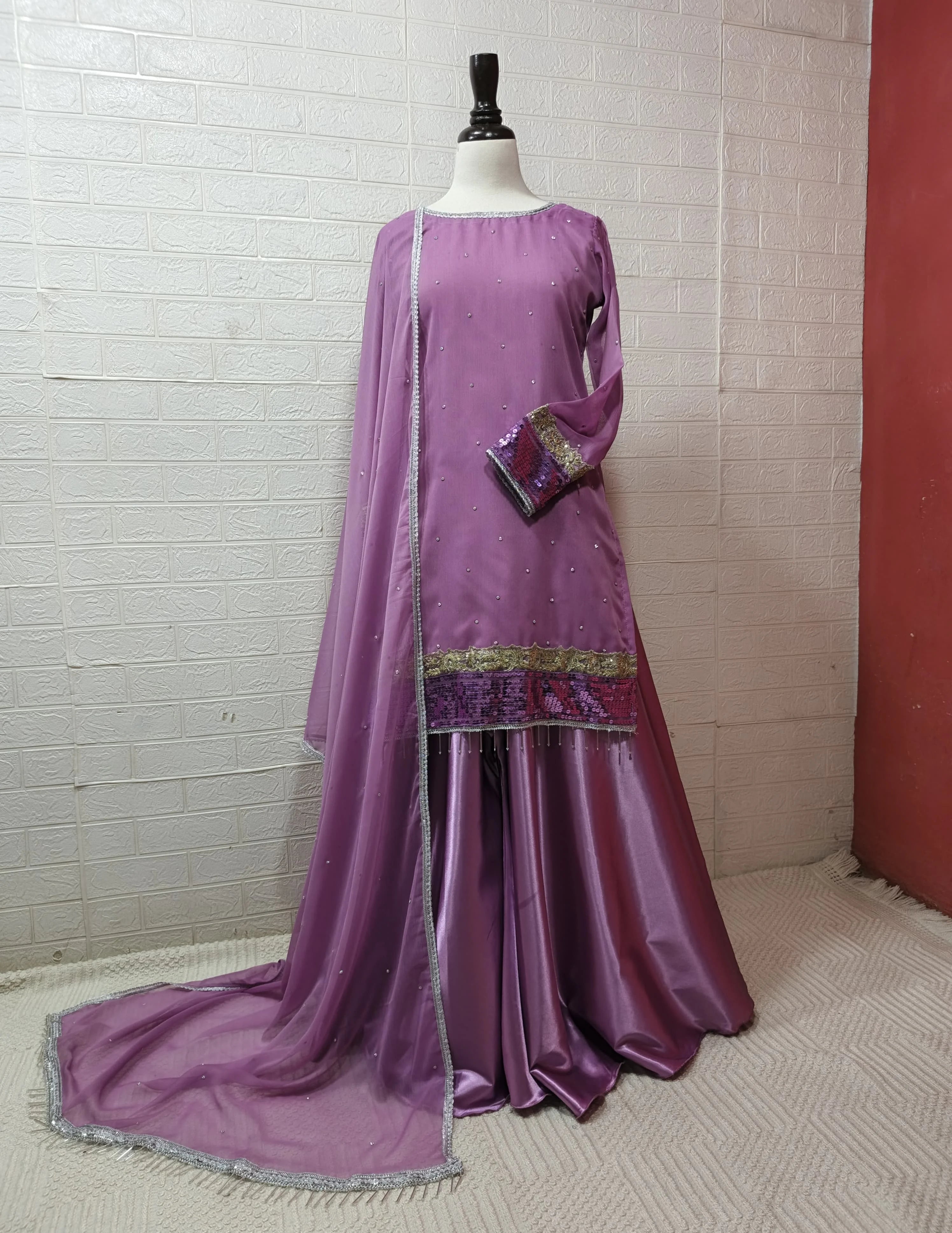 Lavender Crinkle Chiffon Sharara with Heavy Dupatta - 3pc