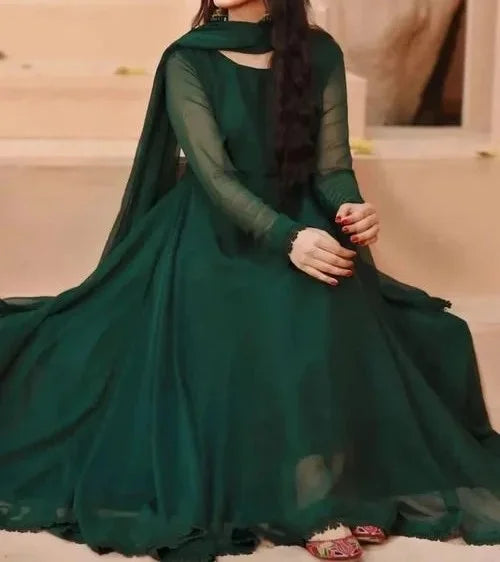 Emerald Green Chiffon Maxi Frock 3PC Set with Chiffon Dupatta