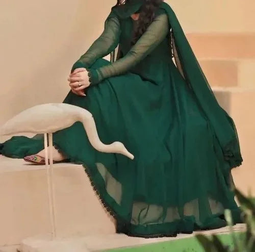 Emerald Green Chiffon Maxi Frock 3PC Set with Chiffon Dupatta