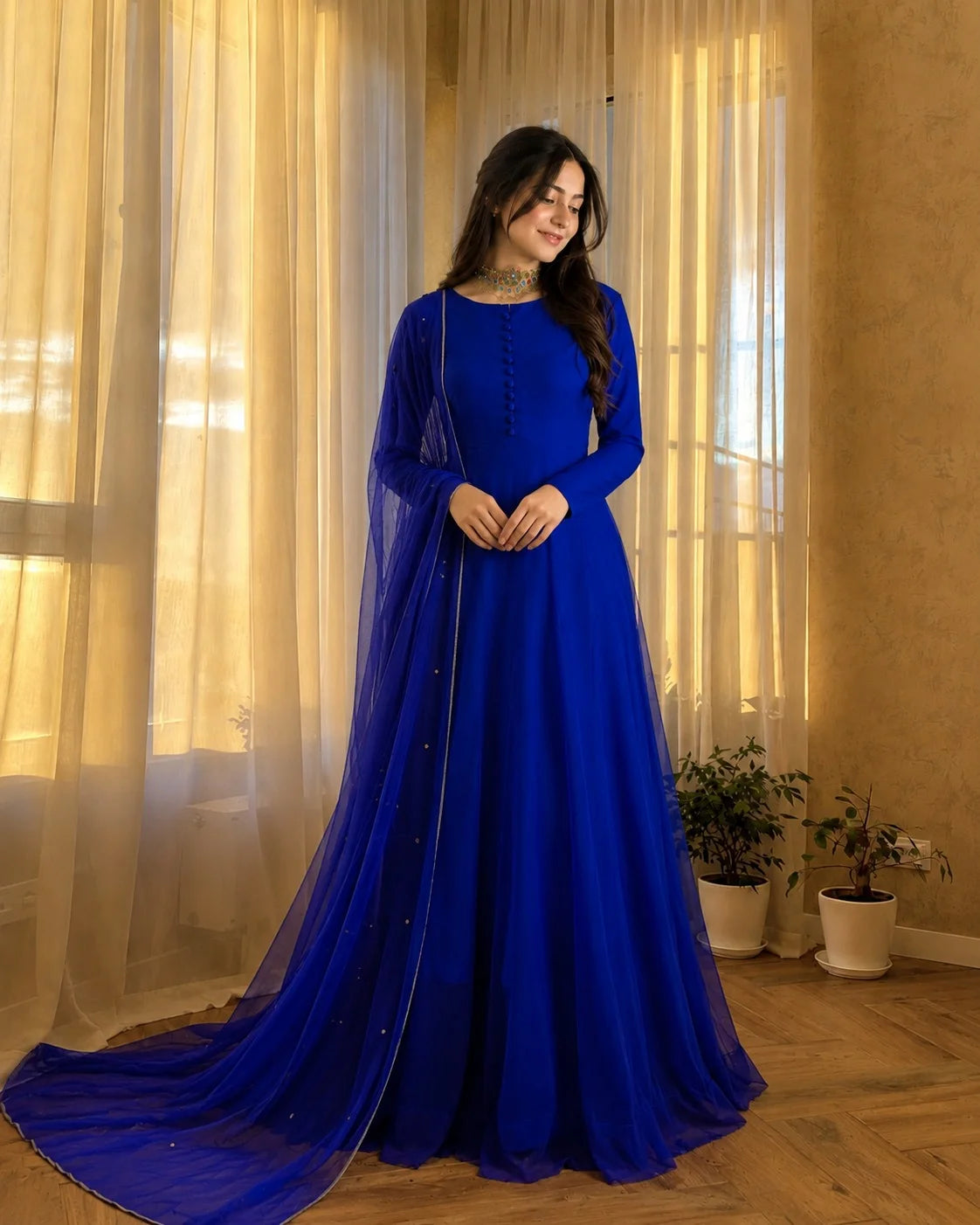 Crinkle Chiffon Button-Style Maxi with Sitara Dupatta – 2PC