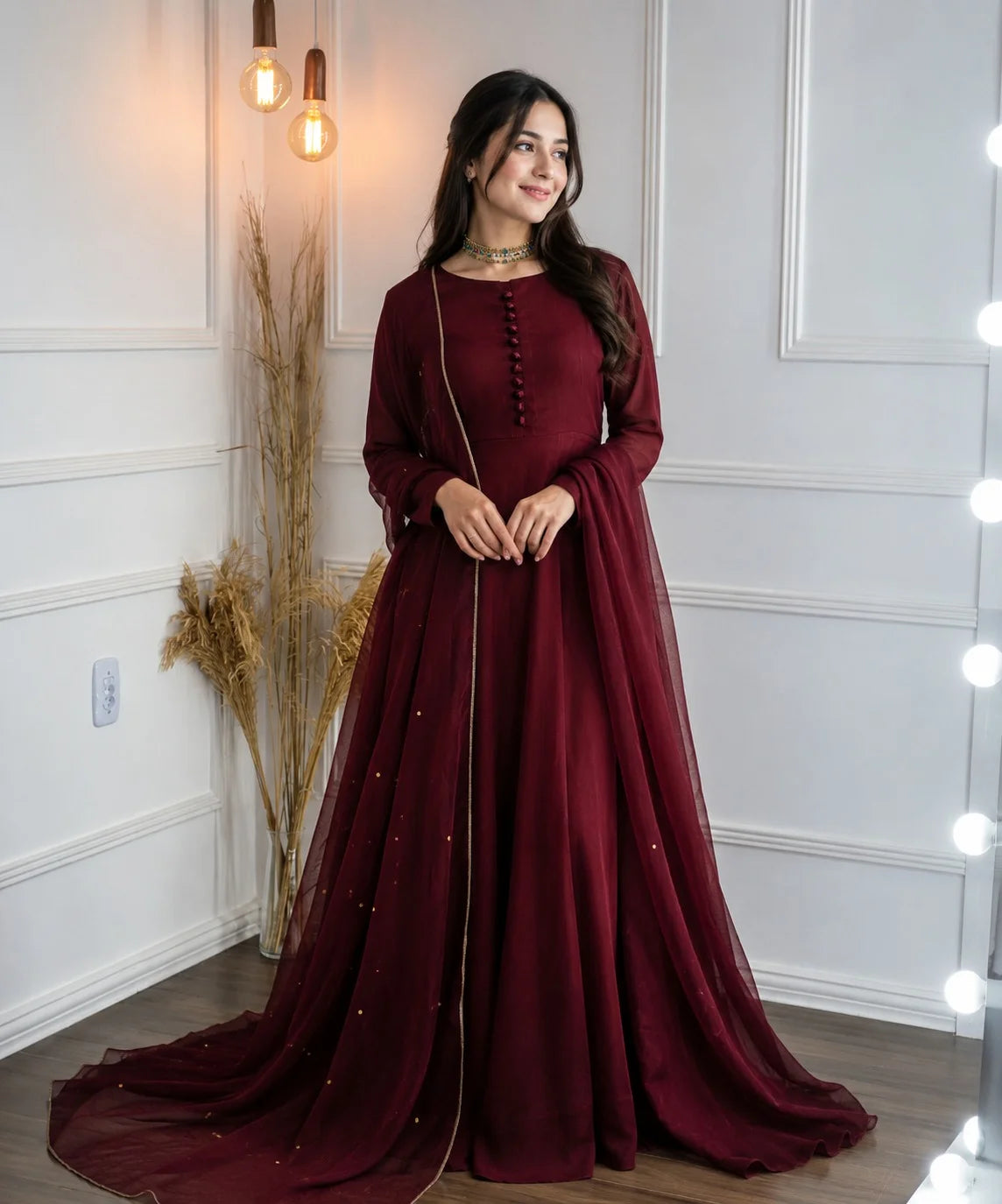 Crinkle Chiffon Button-Style Maxi with Sitara Dupatta – 2PC
