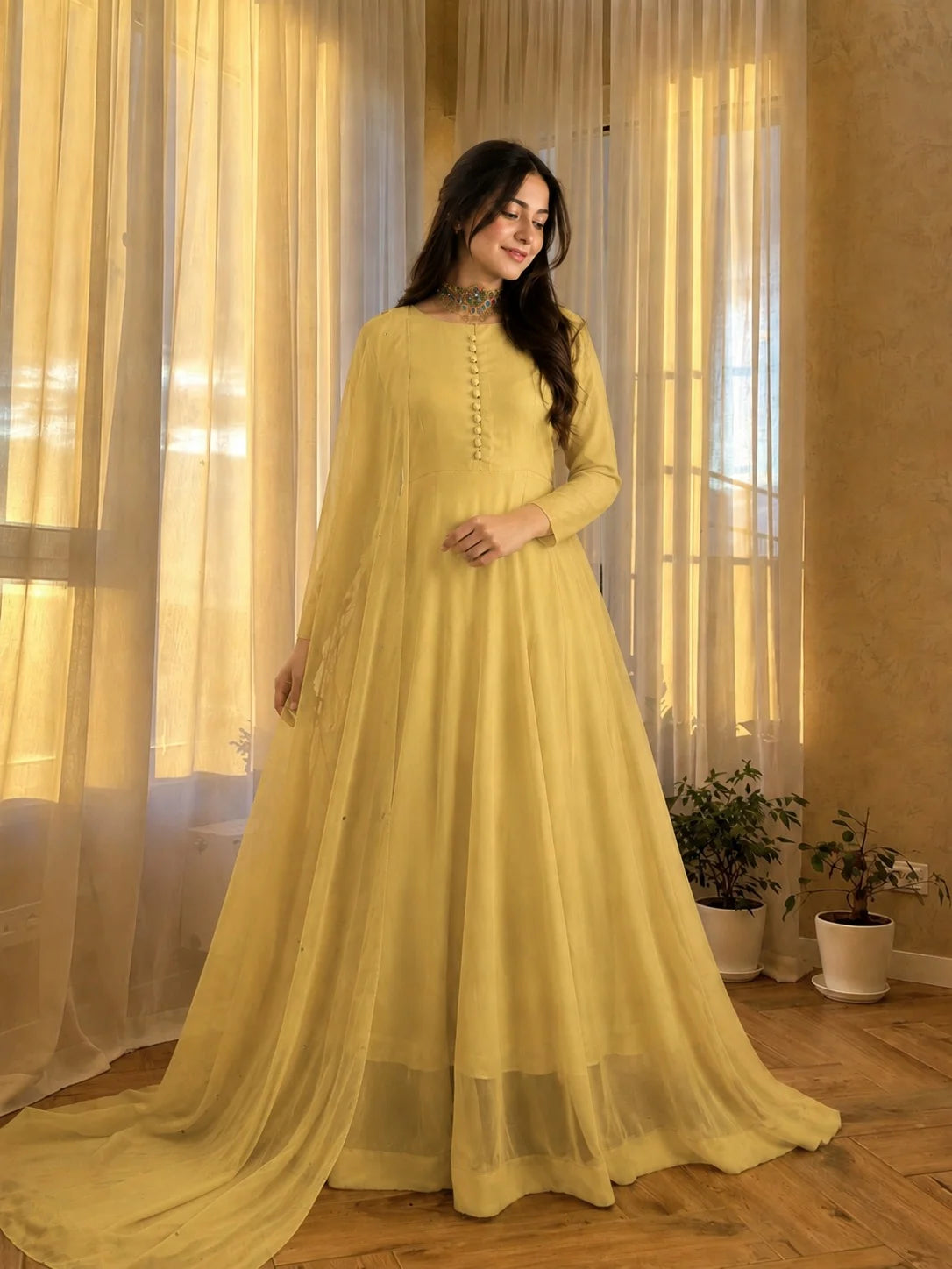 Crinkle Chiffon Button-Style Maxi with Sitara Dupatta – 2PC