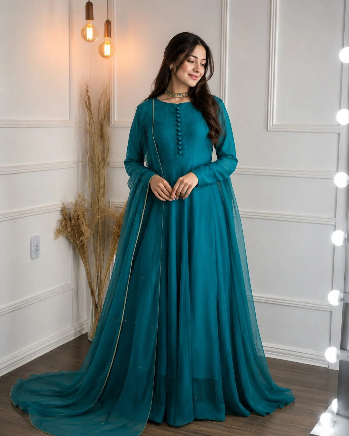 Crinkle Chiffon Button-Style Maxi with Sitara Dupatta – 2PC