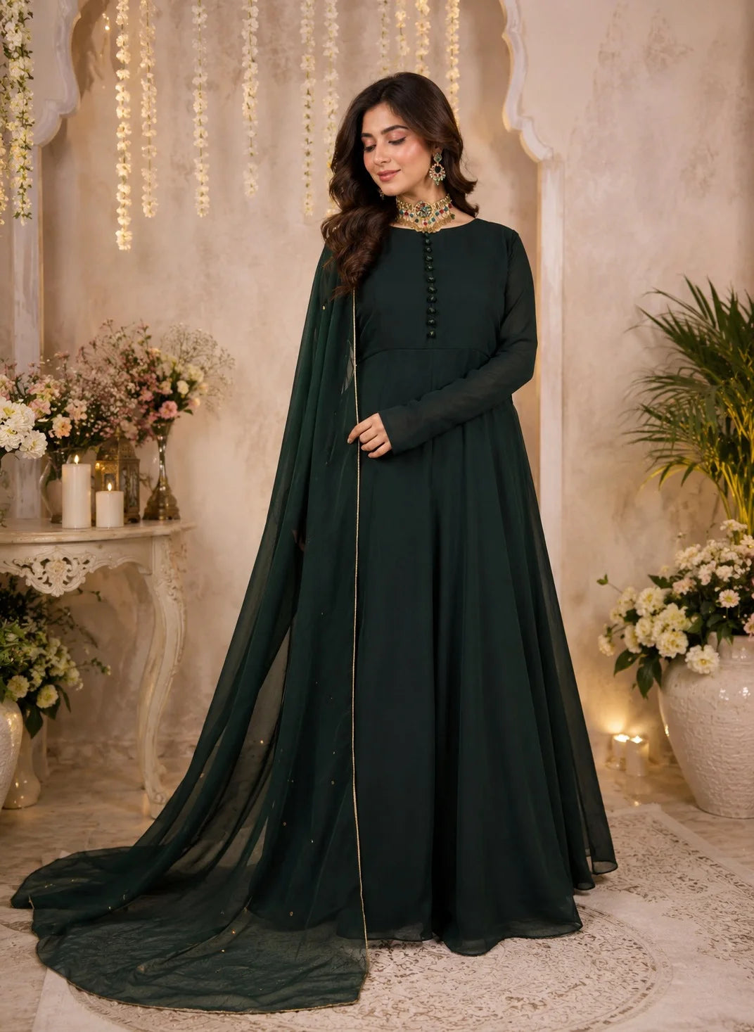 Crinkle Chiffon Button-Style Maxi with Sitara Dupatta – 2PC