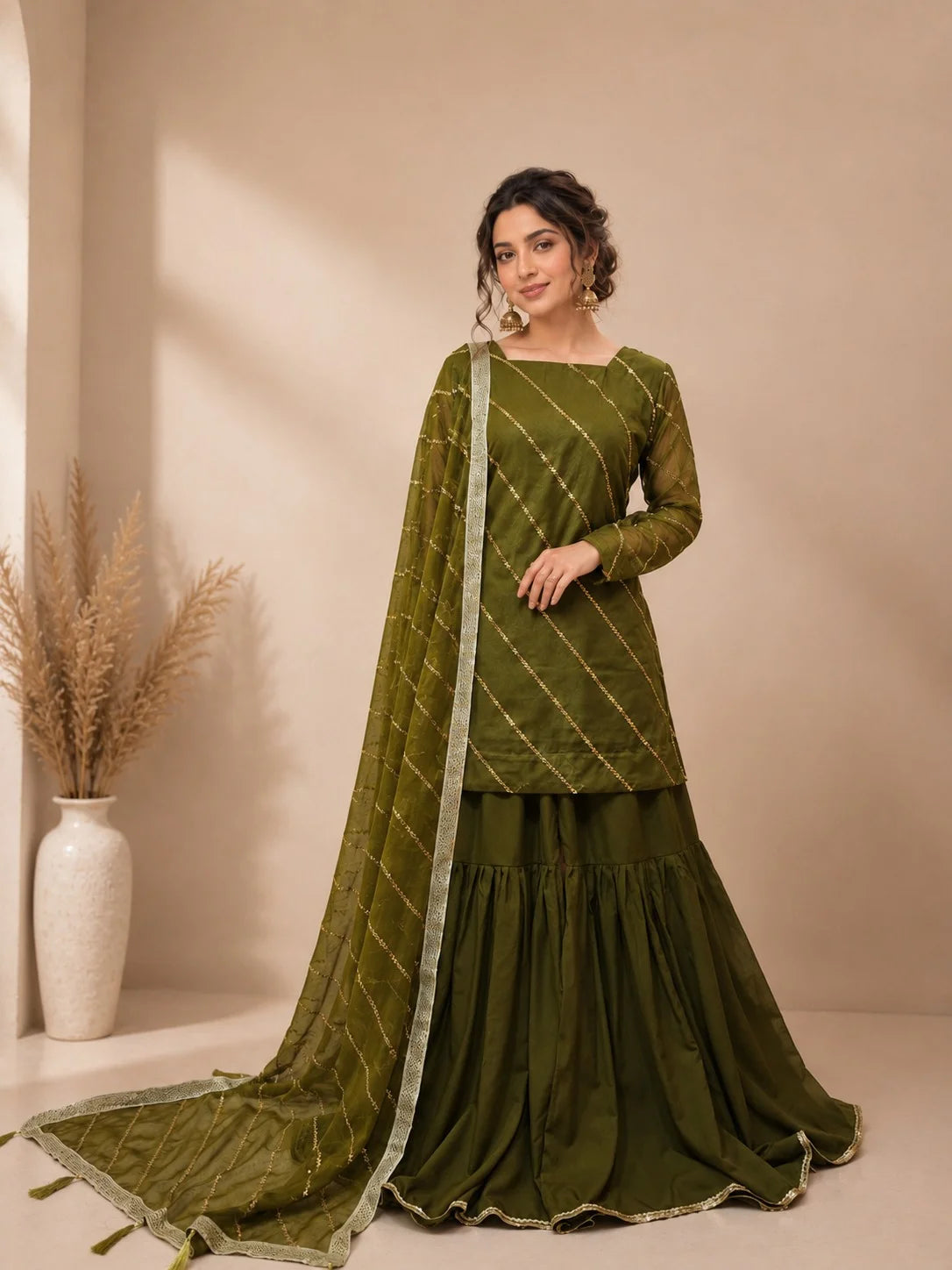 Crinkle Chiffon Embroidered Gharara Set – 3PC