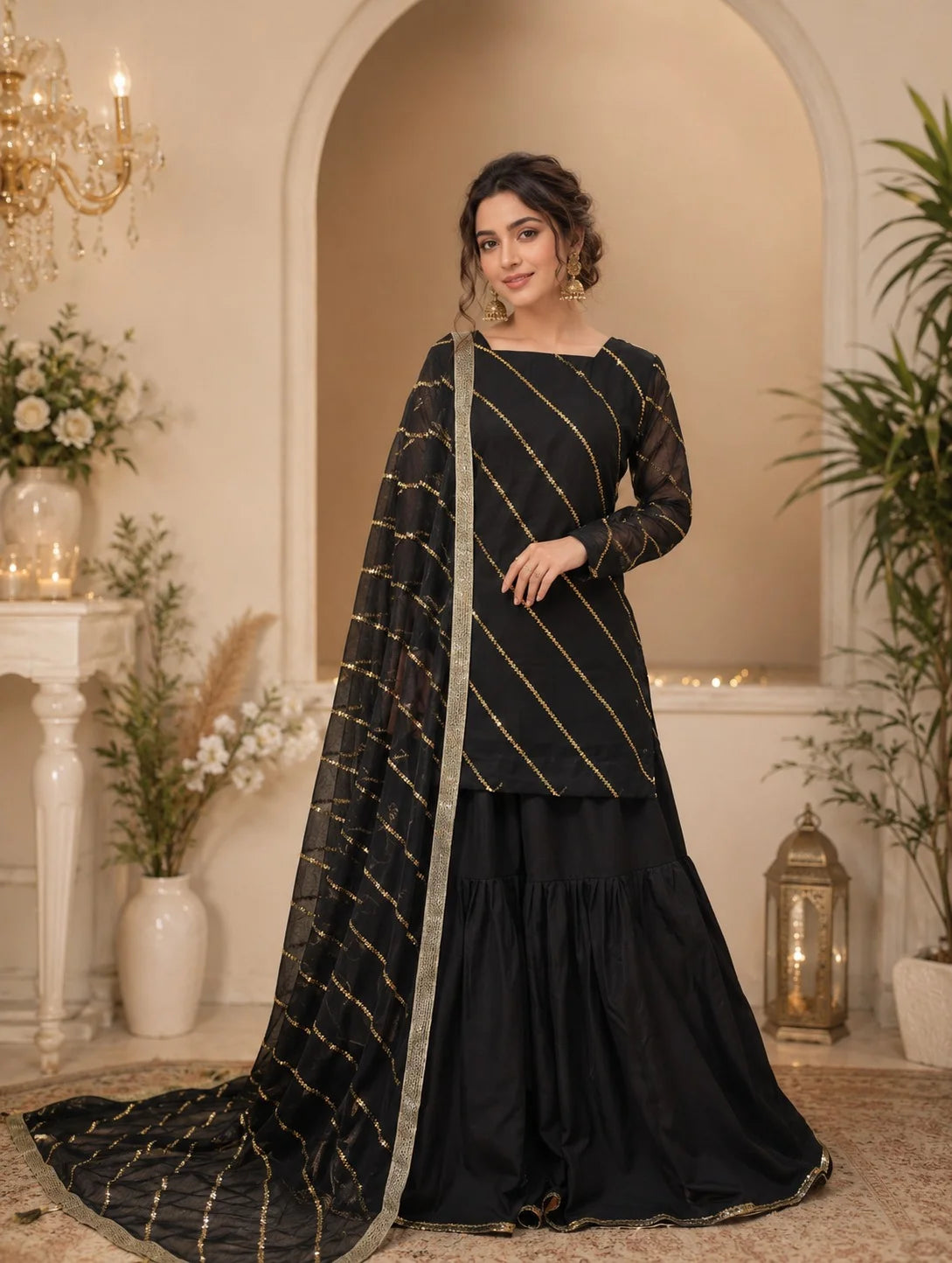 Crinkle Chiffon Embroidered Gharara Set – 3PC