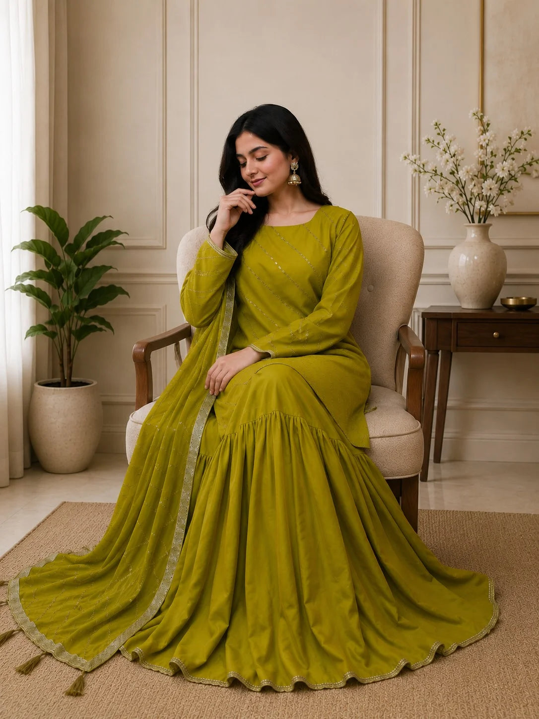 Crinkle Chiffon Embroidered Gharara Set – 3PC