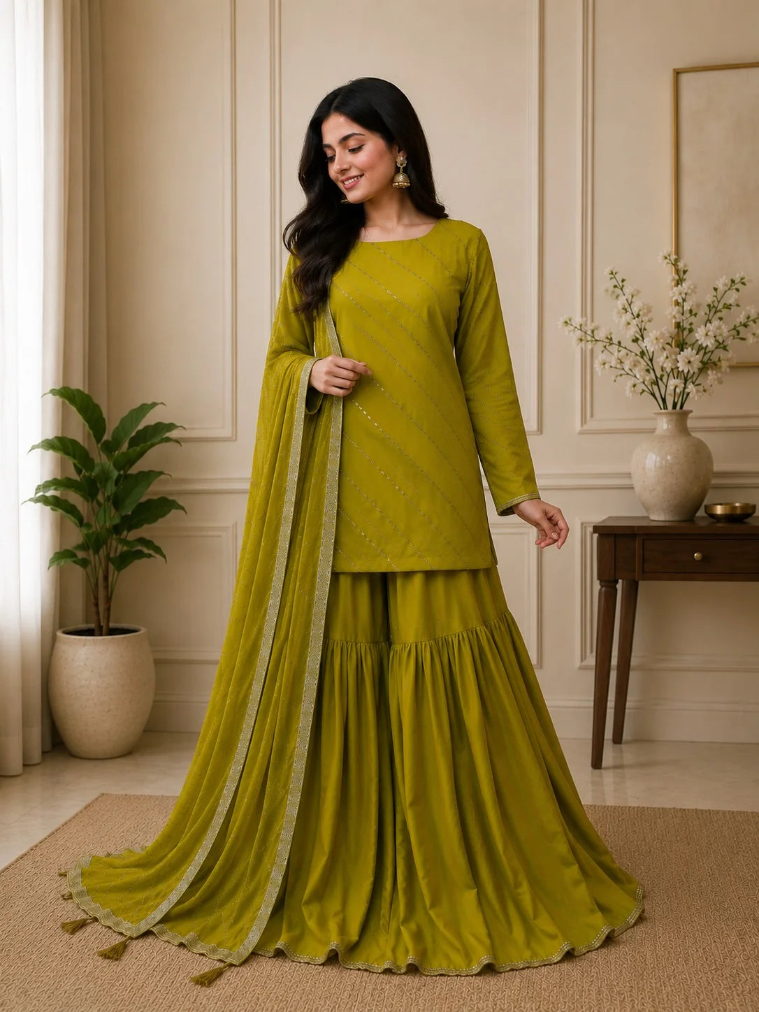 Crinkle Chiffon Embroidered Gharara Set – 3PC