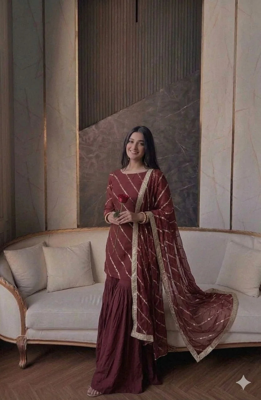 Crinkle Chiffon Embroidered Gharara Set – 3PC