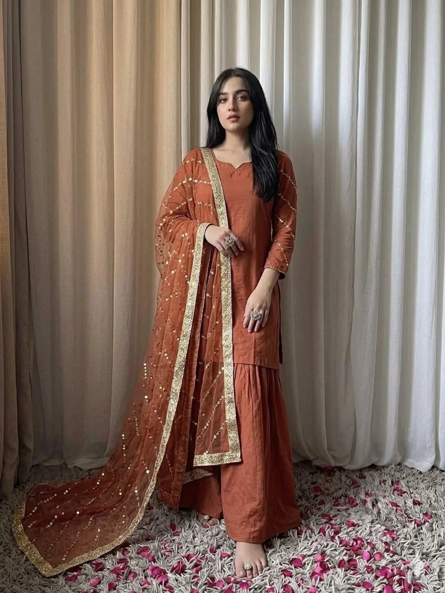 Crinkle Chiffon Embroidered Gharara Set – 3PC