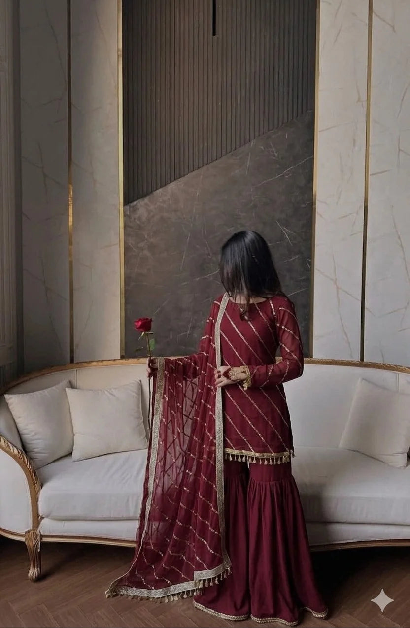 Crinkle Chiffon Embroidered Gharara Set – 3PC