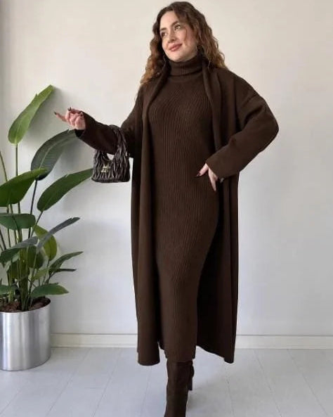 Long Shrug & Knitted Turtleneck Dress - 2pc