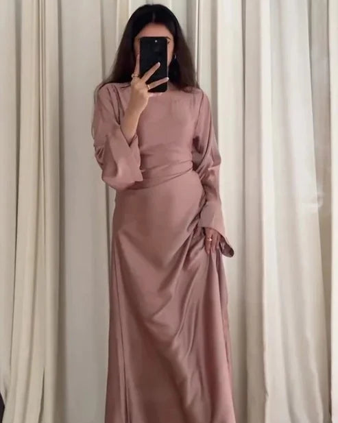 Elegant Korean Silk Maxi Dress with Back Dori - view 4 | Sunflare.pk