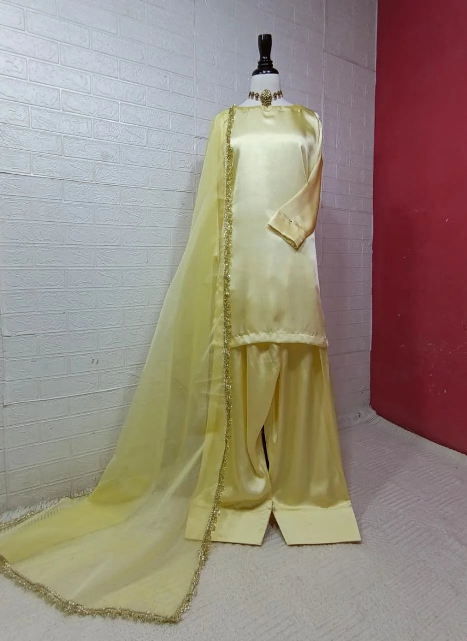 Russian Silk Farshi Shalwar Set with Organza Dupatta – 3PC Ready to Wear