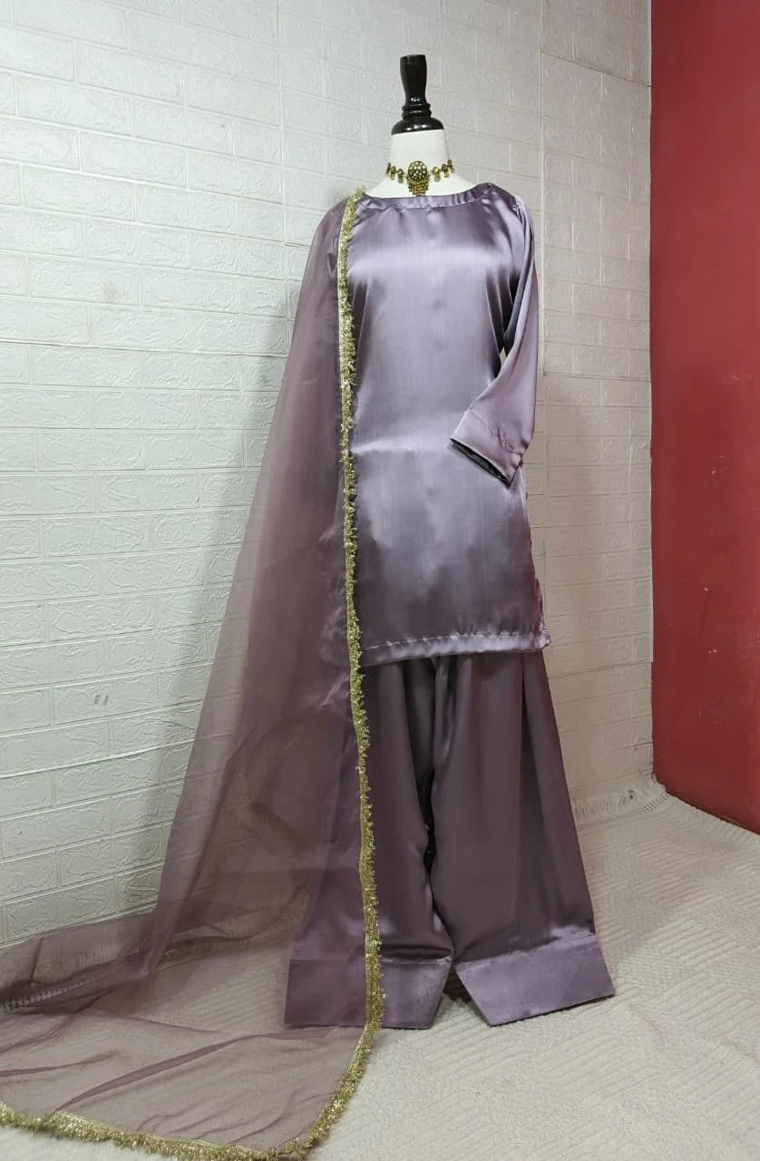 Russian Silk Farshi Shalwar Set with Organza Dupatta – 3PC Ready to Wear