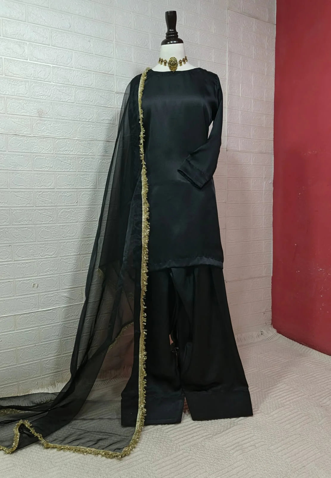 Russian Silk Farshi Shalwar Set with Organza Dupatta – 3PC Ready to Wear
