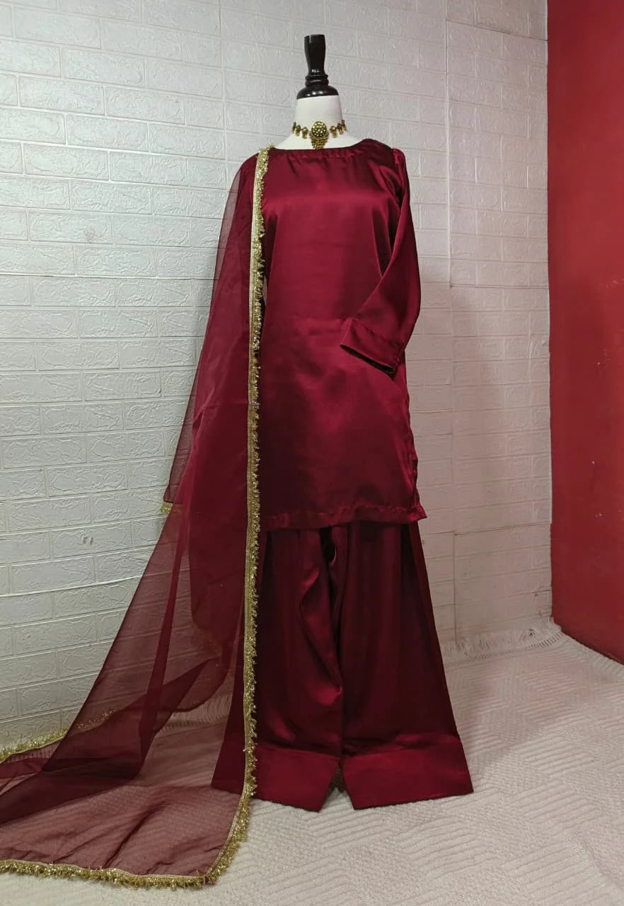 Russian Silk Farshi Shalwar Set with Organza Dupatta – 3PC Ready to Wear