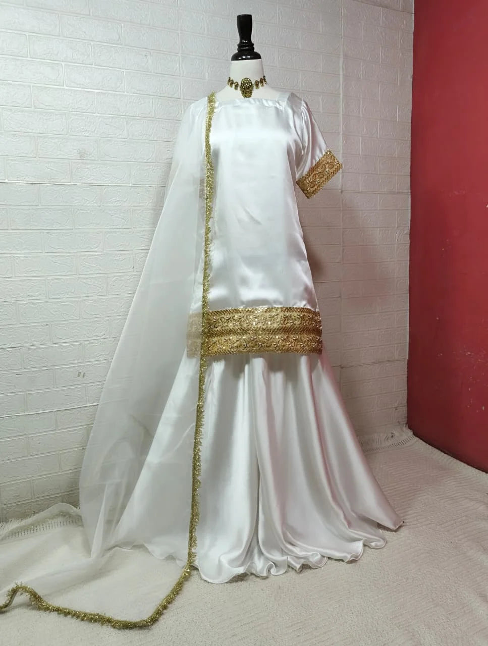 Elegant Russian Silk 3PC Plazo Set with Kundan Lace & Organza Dupatta