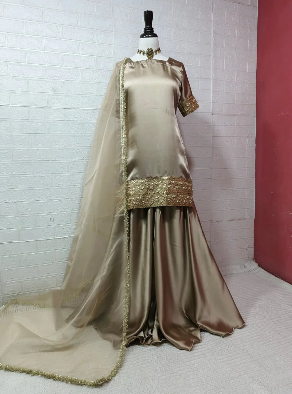 Elegant Russian Silk 3PC Plazo Set with Kundan Lace & Organza Dupatta