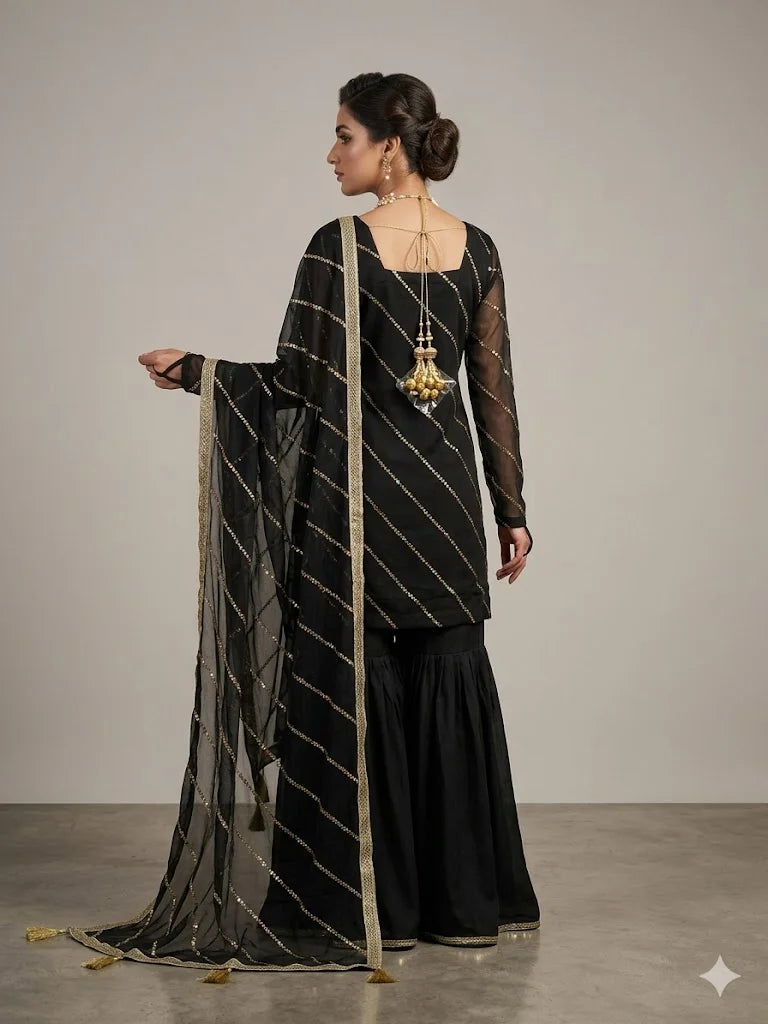 Crinkle Chiffon Embroidered Gharara Set – 3PC
