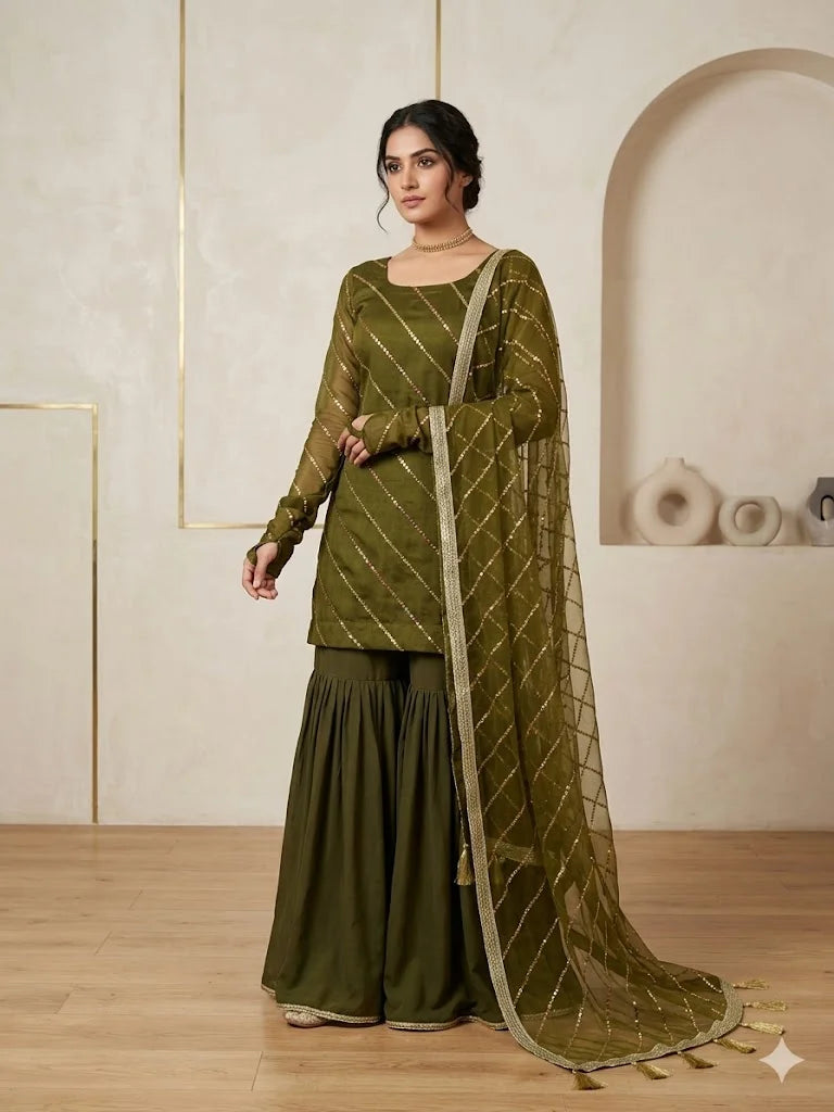 Crinkle Chiffon Embroidered Gharara Set – 3PC
