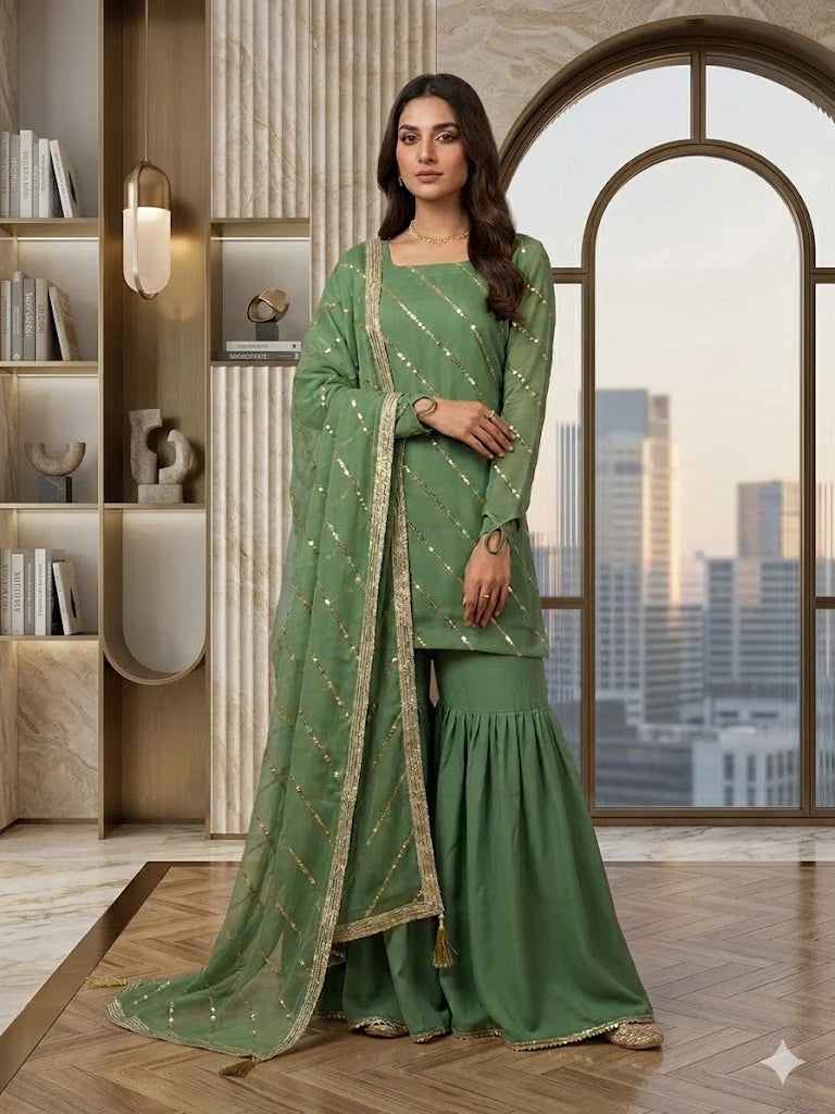 Crinkle Chiffon Embroidered Gharara Set – 3PC